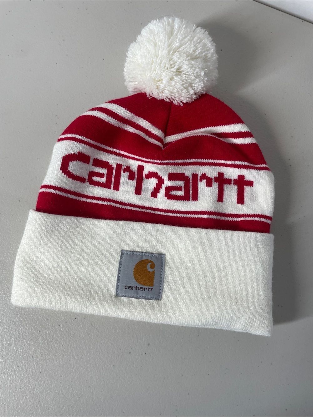 Carhartt Adult Red White Pom-Pom Beanie Winter Toque One Size Unisex